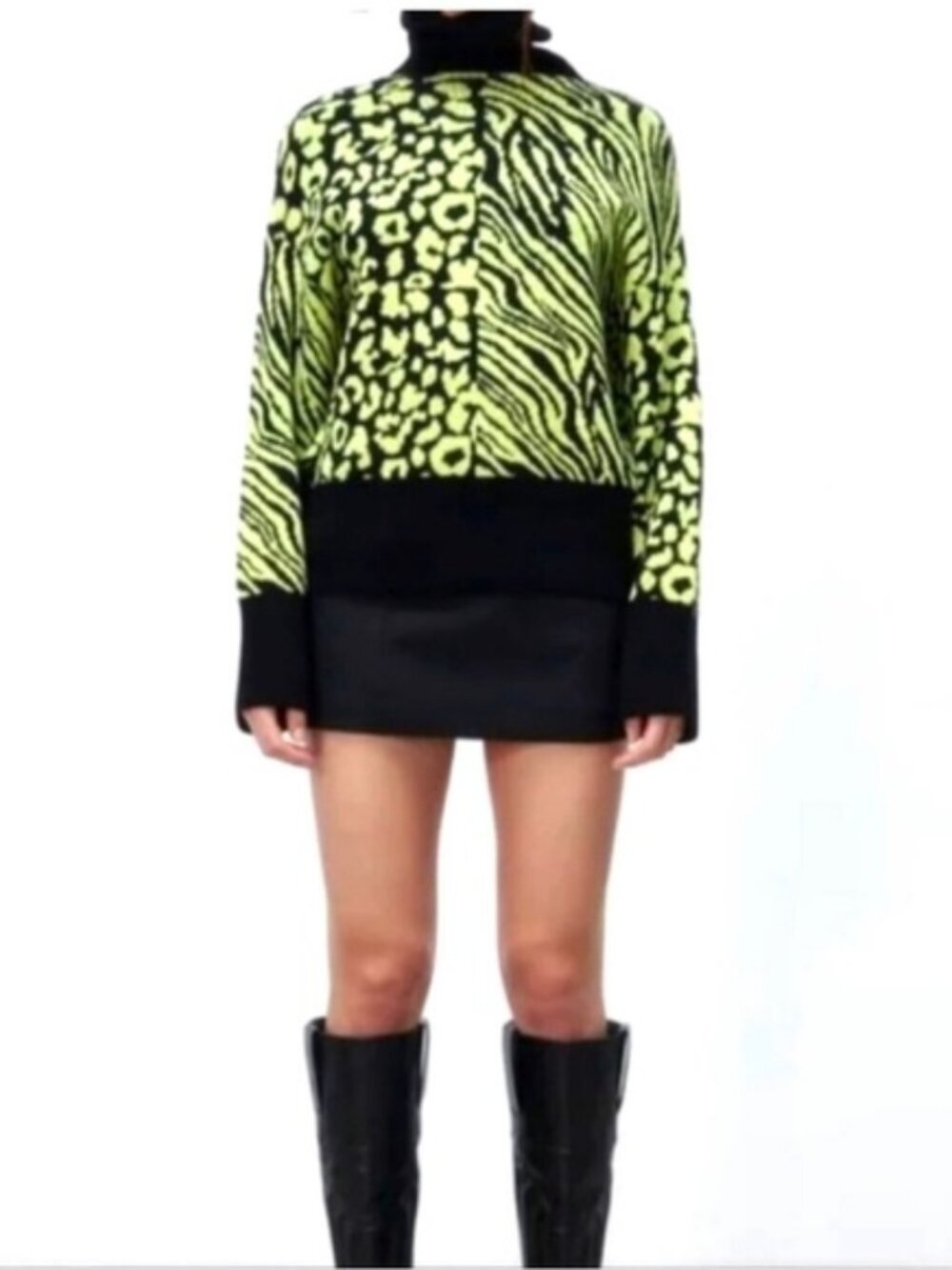 Zara Cheetah Zebra Print Turtleneck Sweater Green/Black Y2K Extra Small